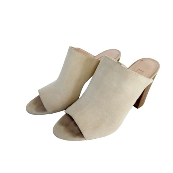 Avec Les Filles Creamy Tan Suede Mule Heels #151-1745 Sz 7.5 Open Peep Toe Y2K - Picture 1 of 7